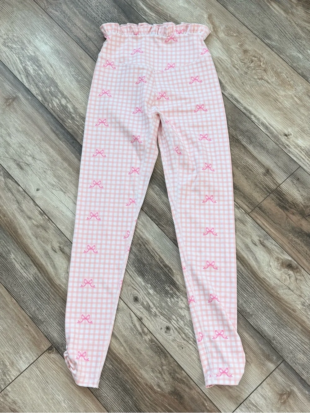 Gingham Bow Print Leggings with Ruffle Waist